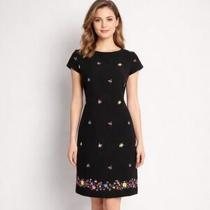 Vintage TALBOTS Size 6 Black Woven Cap Sleeve Floral Embroidered Sheath Dress